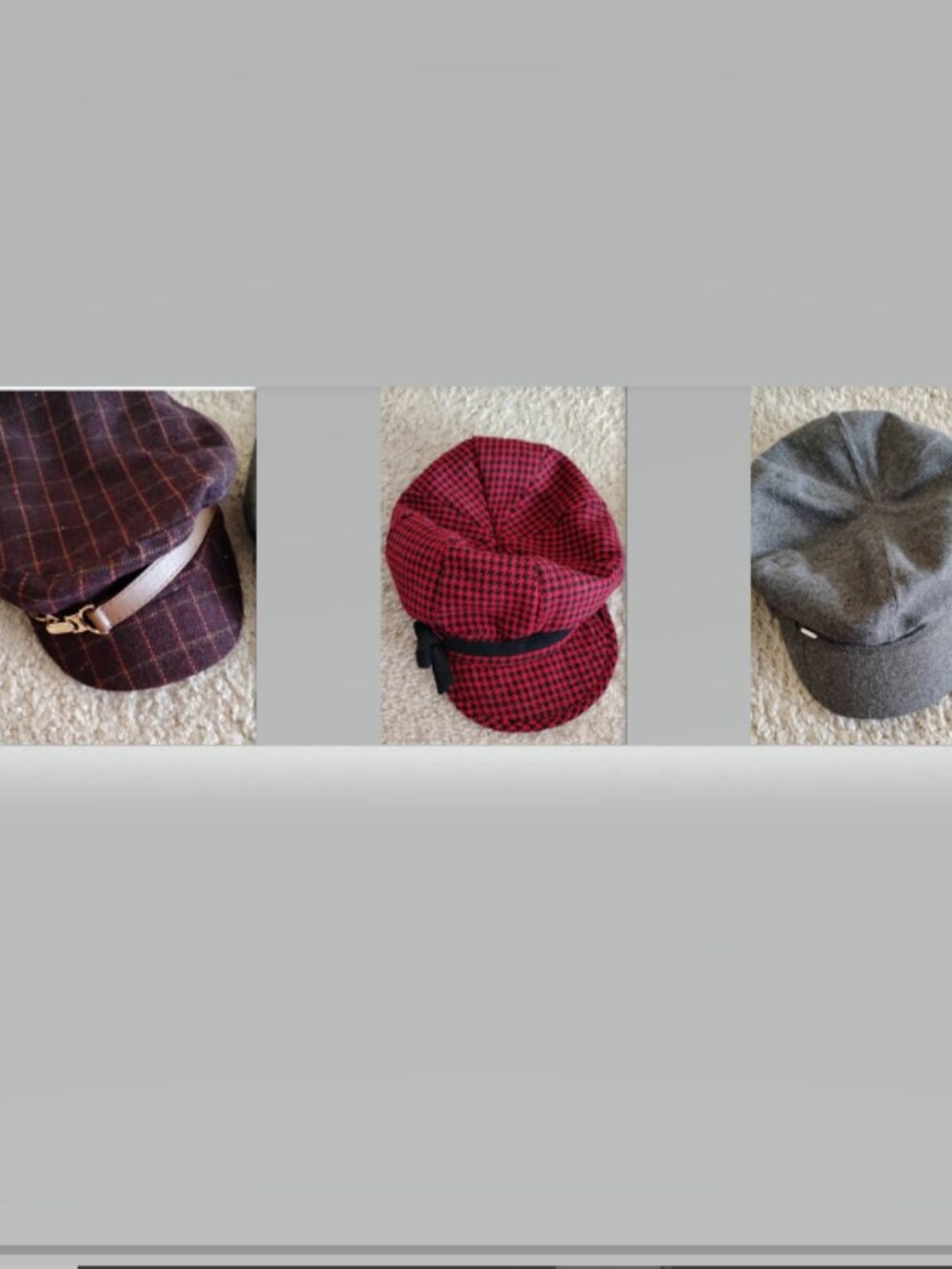 Bundle of newsboy hats - solid grey, brown plaid, and red houndstooth